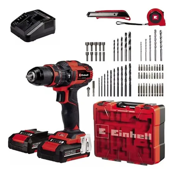 Kit Taladro de Impacto Inalámbrico Einhell 18V + 2 baterías 2.0 Ah + 64 Accesorios + Cargador + Maletín