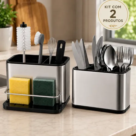 Kit Organizador Pia Inox Com Escorredor Porta Talheres Inox Inox Com Preto