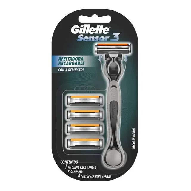 Máquina de Afeitar Gillette Sensor 3 con 1 Máquina + 4 Cartuchos