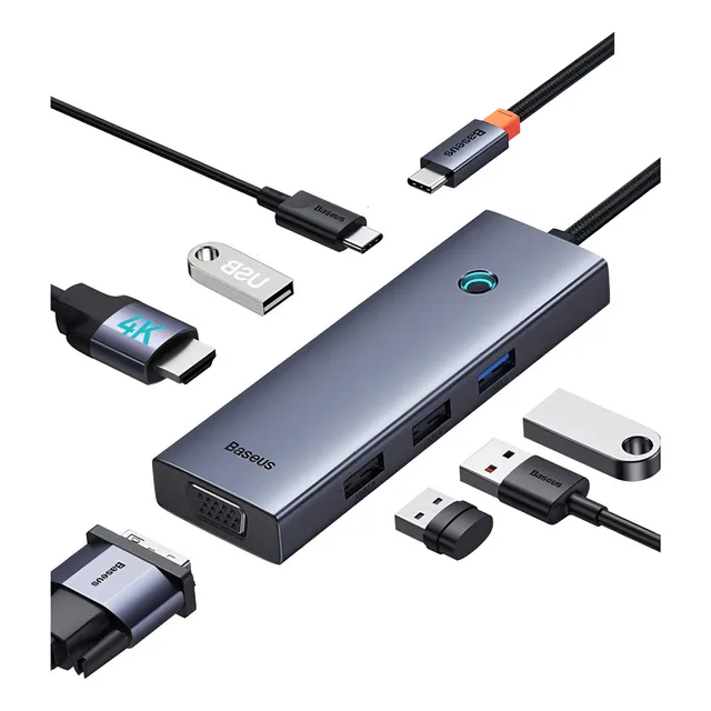 Adaptador Hub Baseus 7en1 Usb-c Hdmi 4k Vga Usb 3.0 Pd 100w Color Gris Oscuro