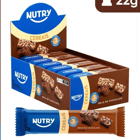 Barra de Cereais Nutry Bolo de Chocolate 22g - Display Com 24 Unidades - Com 3 Cereais e Cacau
