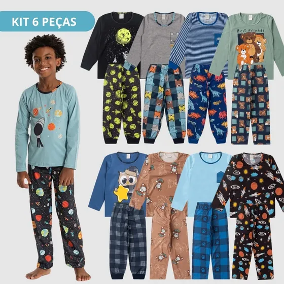 Kit Sortido 6 Peças De Pijamas Longo Infantis Menino Inverno