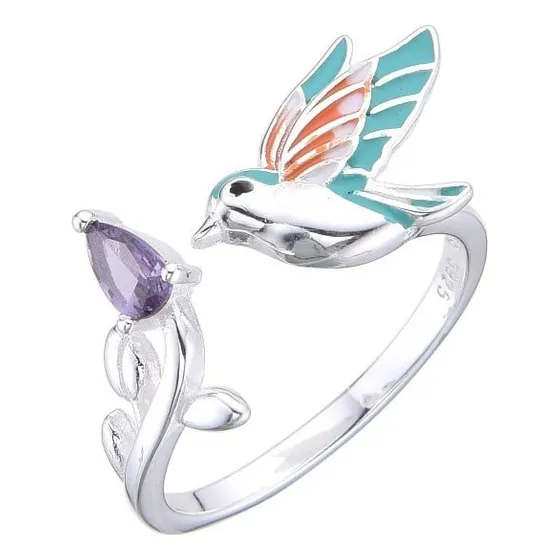 Anillo Plata 925 Colibri Ajustable Cubic Lila Regalo Mujer