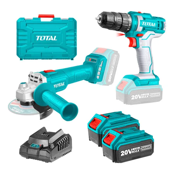 Kit Total 20v Atornillador + Amoladora S/carbones 2 Baterías