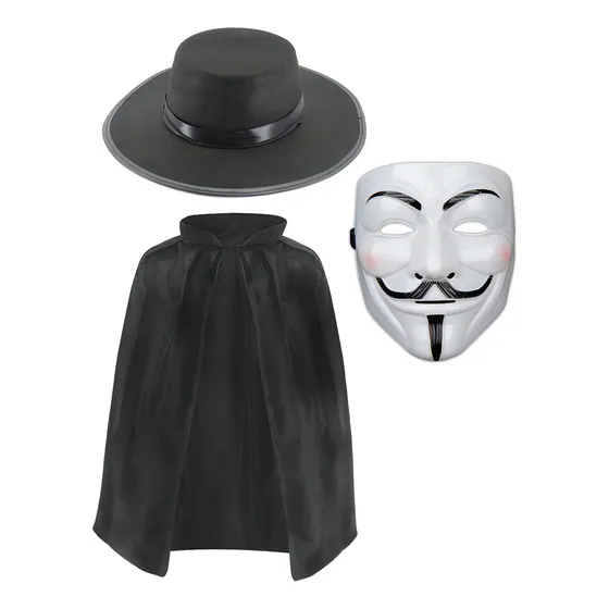 Fantasia Mascara Chapéu Capa Adulto V De Vingança Anonymous Cor Preto