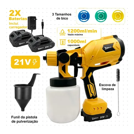 Pistola De Pintura Pulverizadora Elétrica Sem Fio 2 Baterias 21v Portátil Profissional Recarregavel Bateria Kit Para Parede, Automotiva, Móveis, Tinta Látex E Verniz 127/220v