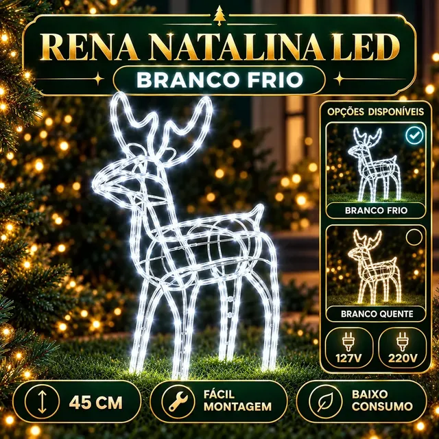 Rena de Natal Pisca Enfeite Decoração Natalina Luxo Luzes Branco Frio 110v