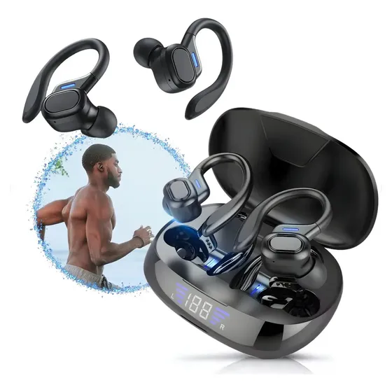 Fone de Ouvido Bluetooth 5.3 Tws Sem Fio Esportivo Compatível Com iPhone Samsung Xiaomi Motorola Com Gancho Premium KAPBOM Preto