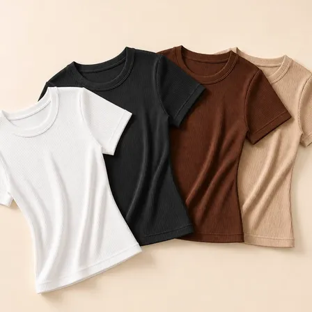 Kit 4 Blusa Feminina Baby Tee Casual Ribana Canelada Slimfit Baby Tee Preto Marrom Branco E Nude M