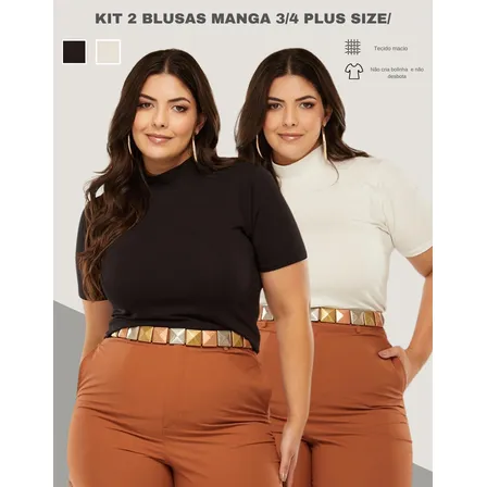 Kit 2 Blusas Plus Size Feminina Manga 3/4 Gola Alta Básica