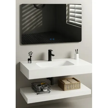 Bancada De Porcelanato C/ Cuba De Cerâmica + Espelho Com Led Branco Esmaltado