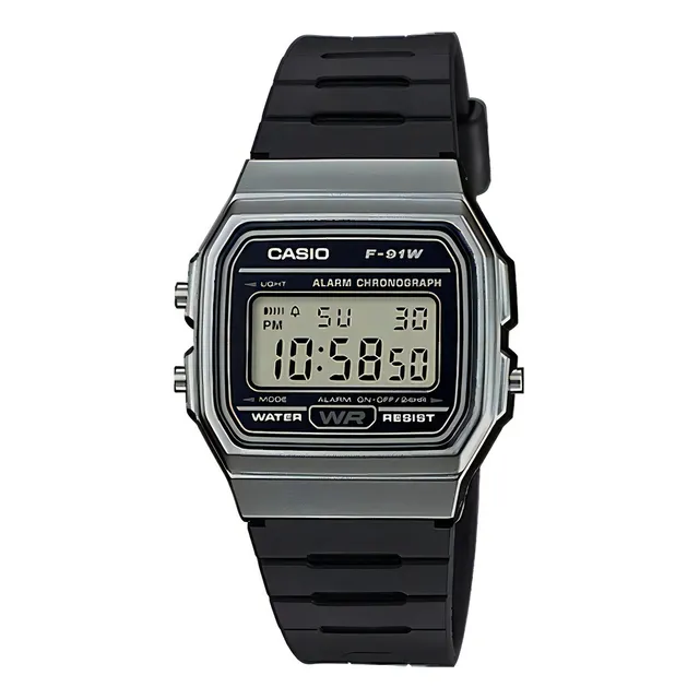 Reloj Casio Digital F-91w Black Clásico Unisex Retro Color de la correa Negro Color del bisel Gris oscuro Color del fondo Gris