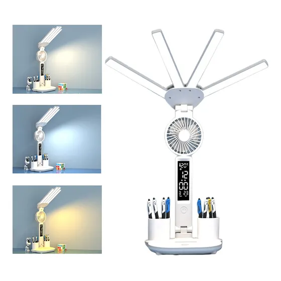 Lámpara De Mesa Led Recargable,ventilador,4 Tubos De Luz