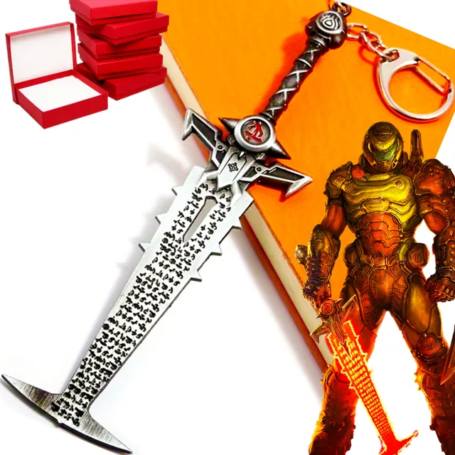 Llavero Doom Eternal Espada Crisol Doomguy Metal Colección Gris