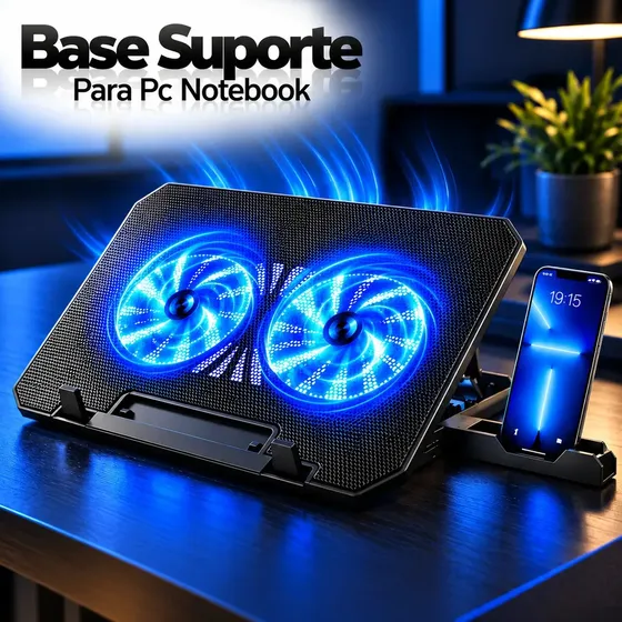 Base Suporte Para Pc Notebook Alumínio Portátil Articulado Dobrável Tablet Laptop Mesa Davely Cor Preto Com Ventoinhas E Suporte Para Celular Refrigerada 2 Cooler Gamer Confortável Home Office