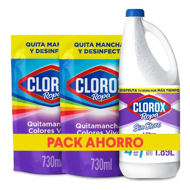 Pack Ropa Clorox: Blancos B. 1.89l + 2 Colores Vivos 730ml