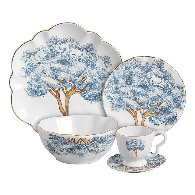 Aparelho Jantar 20 Peças Ype Azul Filete Dourado, Scalla Ceramica