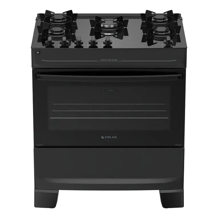Fogão 5 Bocas Atlas Mônaco Top Glass Automático Mesa De Vidro Preto
