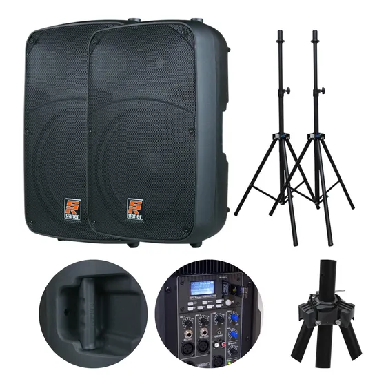 Par De Caixas Ativas E Tripés Staner Sr 315a 600w Rms Bt/fm Cor Preto 127/220V