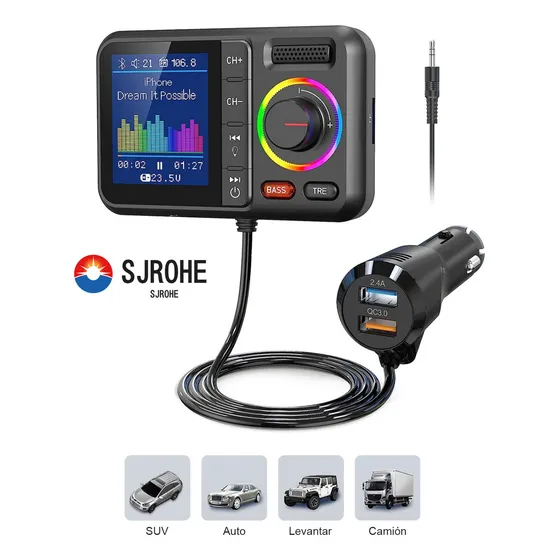 Sjrohe Transmisor Fm Bluetooth Usb 3.0 Carga Rápida Adaptador Con Pantalla Led Rgb Bluetooth 5.0 Fm Receptores Bluetooth Para Auto Audio Hd Llamadas Por Bluetooth Transmisor Bluetooth Fm Color Negro