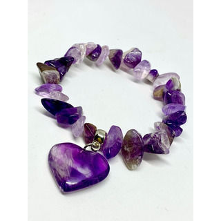Pulseira Pedra Natural Cascalho Ametista Proteção Coração Pulseira Pedra Natural Cascalho Ametista Proteção Coração