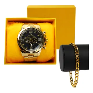 Kit Presente Masculino Relogio + Pulseira Aço Prova D'agua Cor Da Correia Dourado/preto Kit Presente Masculino Relogio + Pulseira Aço Prova D'agua Cor Da Correia Dourado/preto
