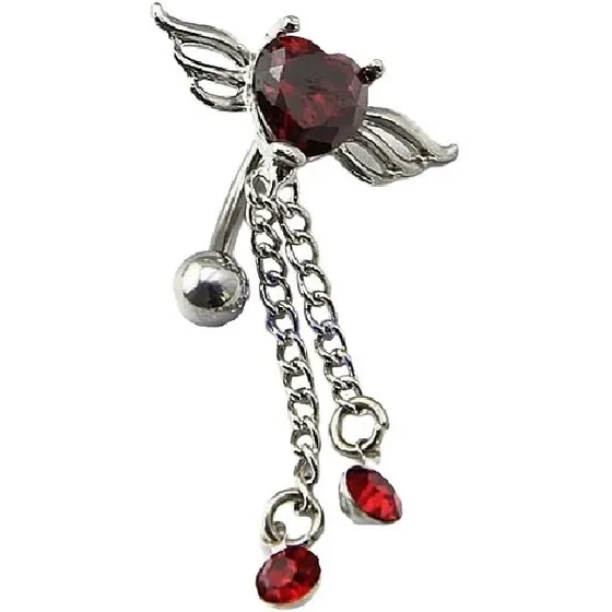 Piercing De Umbigo Invertido Zirconia Coração Prata Vermelho