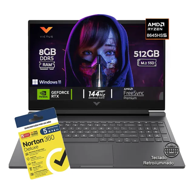 Laptop Victus Hp Gaming 15-fb2082wn Amd Ryzen 5-8645hs 512gb Ssd 8g B Ram Ddr5 Geforce Rtx 4050 Fhd 144 Hz W11h + Antivirus Norton 360