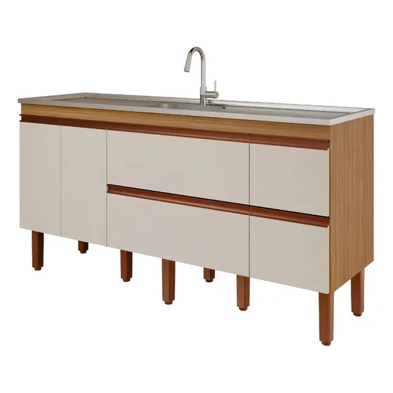 Balcão Gabinete De Cozinha Para Pia De 2m Em Mdf Cor Freijó Off White (bege)