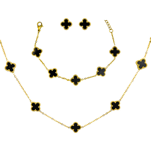 Kit Colar Choker Pulseira E Brinco Trevo Preto Aço Inox