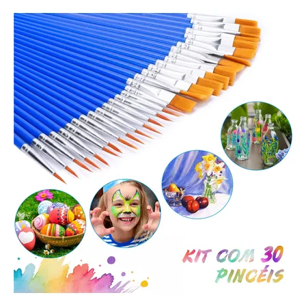 Kit 30 Pincéis Pintura Acrílica Tela - Chato/fino/redondo Azul