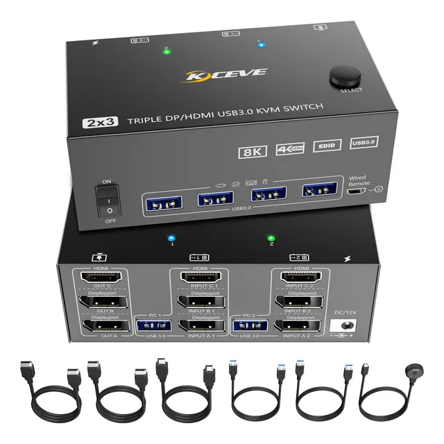 Conmutador Kvm De 3 Monitores 2 Computadoras, Conmutador