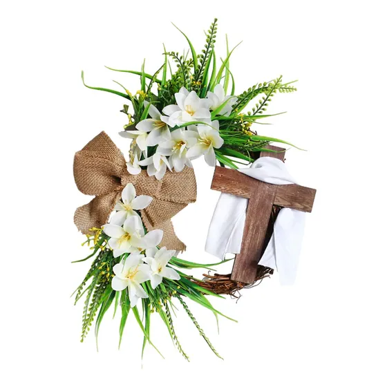 Guirlanda De Páscoa Com Cruz Rústica De Vime, Branco 45cm