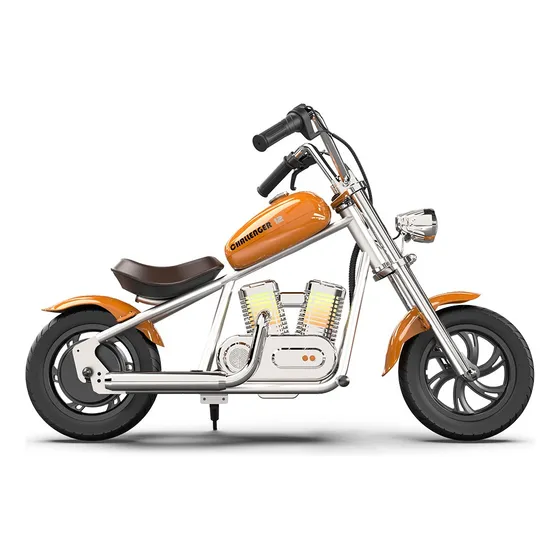 Moto Montable Eléctrica Infantil Hyper Gogo Challenger 12 PRO Naranja Vehículo Eléctrico Seguro para Niños con Luces LED, Bluetooth y Efectos de Niebla para Conducción Realista y Emocionante