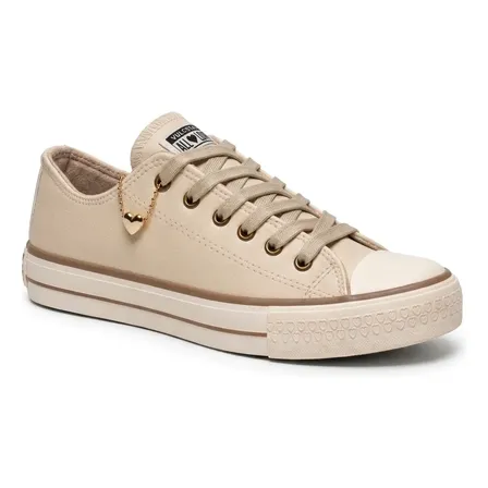 Tênis Feminino Cano Baixo Couro Pingente Coração Casual Areia 35,0 Br