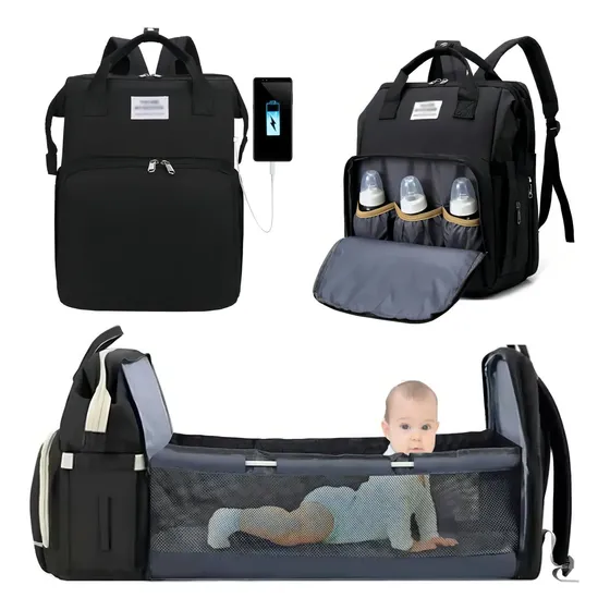 Bolsa Maternidade Vira Berço Troca Bebê Porta Lenço Fralda Cor Preto Desenho do tecido Liso