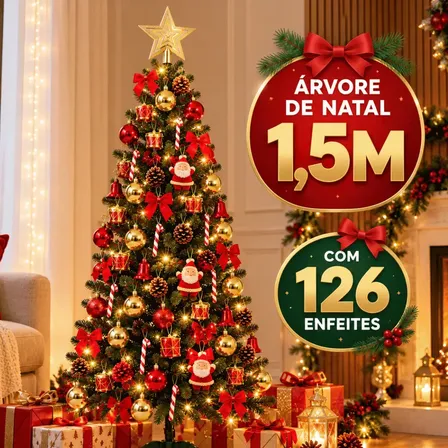 Árvore de Natal Completa com 126 Enfeites e Pisca-Pisca – 150 cm