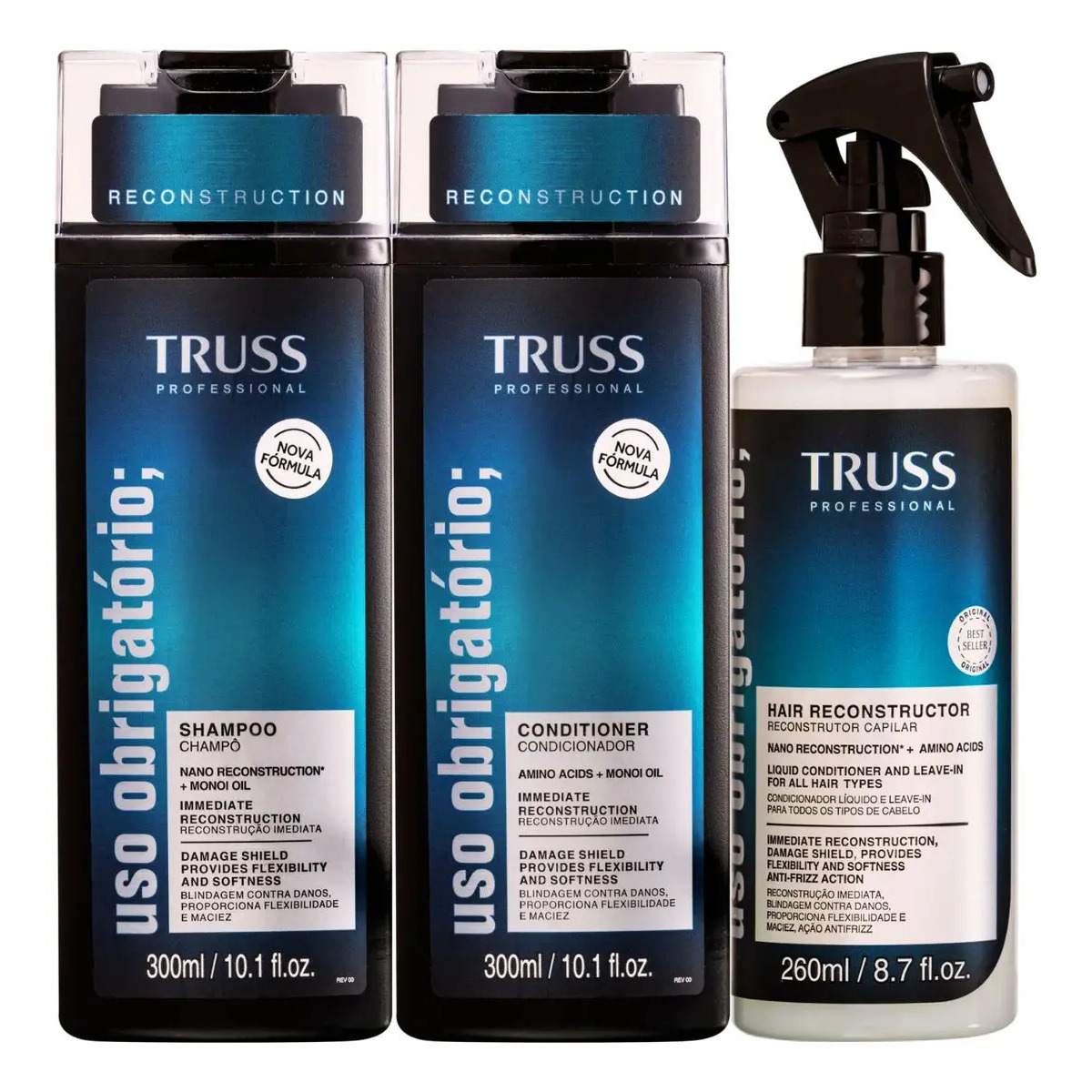 Kit Truss Uso Obrigatório para Reconstrução com Shampoo, Condicionador e Spray reconstrutor