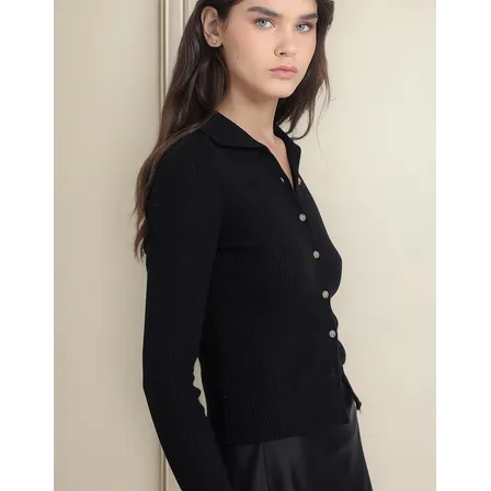Cardigan Cuello Tejido Punto, Negro Liola
