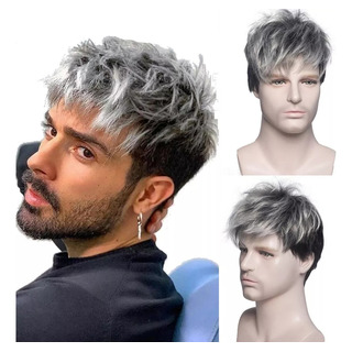 Moda Hombre Simulación Peluca Negro Plata Gradiente Moda Hombre Simulación Peluca Negro Plata Gradiente