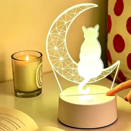 Abajur Luminária Gato Na Lua Decoração Quarto Para Presente Amarelo Branco 1.5v