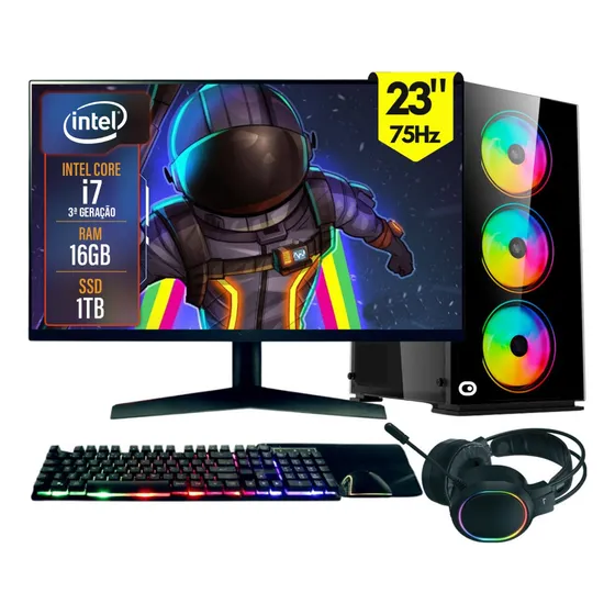 Computador Gamer completo 2Eletro RGB, Intel Core i7, 16GB RAM, SSD 1TB, Fonte 500W, Monitor 23" 75Hz, Kit Gamer completo - PG2E-1023RG