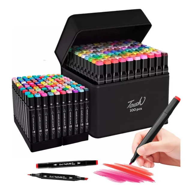 Marcadores 100 Plumones Colores Doble Punta Estuche Pincel