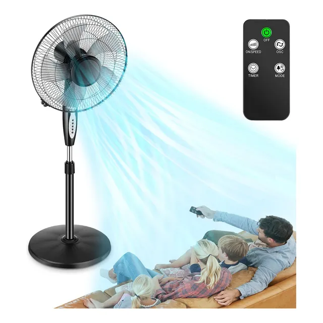 Ventilador De Pedestal Ajustable 16'' Con Remoto 5aspas 3vel Ventiladores De Piso Negro Metal Rejilla Temporizador De 7,5h Agitación A Izquierda Y Derecha Ajuste Hacia Arriba Y Hacia Abajo