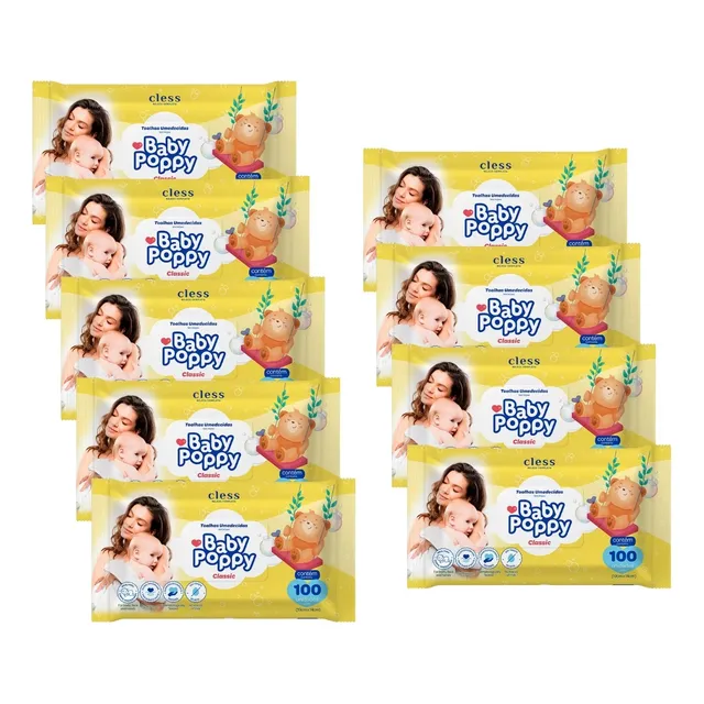 900 Toalhinhas Umedecidas Baby Poppy 09 Pacotes C/100 Unid