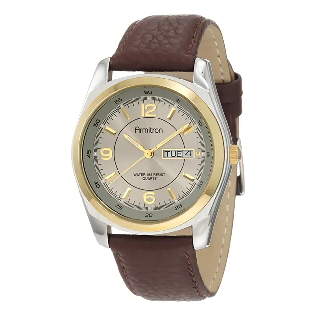 Reloj Armitron Plata Oro Piel Premium Cafe Fecha 38mm 50mts