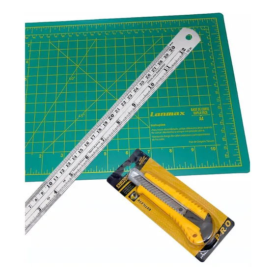 Base De Corte A4 30x22cm + Estilete Grande + Régua Aço 30 Cm Cor Verde