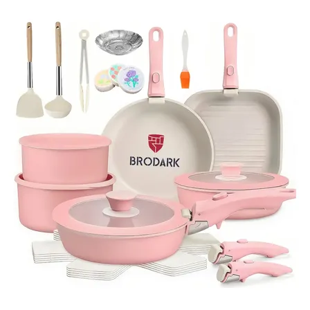 BRODARK 25 Piezas Juego De Sartenes Ollas Cerámica Batería De Cocina Utensilios Sartenes Antiadherentes Con Mangos Desmontables Y Tapas De Vidrio Para Inducción, Gas Y Horno Rosa