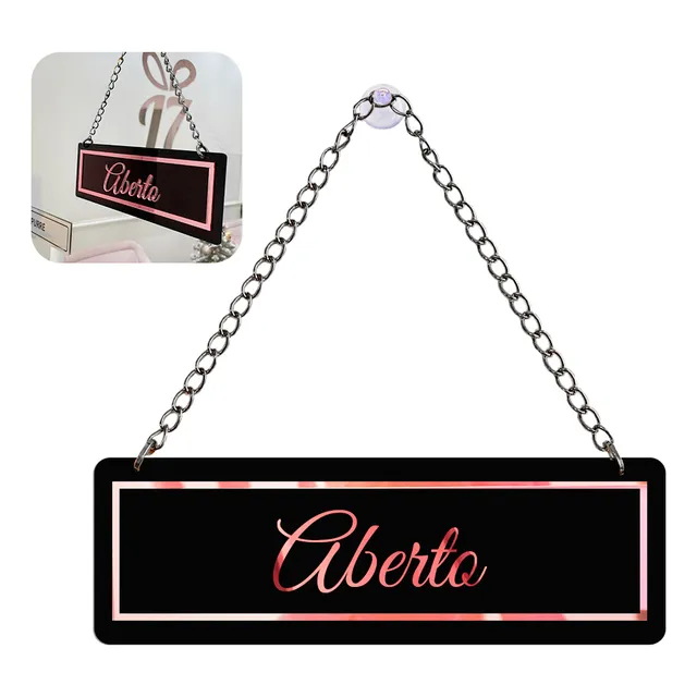 Placa Acrilica Aberto Fechado Com Ventosa E Corrente Dourada