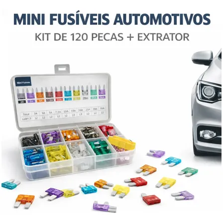 Fusível Lamina Mini Carro Kit 120 Pçs Estojo + Extrator Auto 2357101520253035v